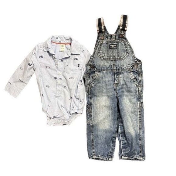 OshKosh B'Gosh Outfit Denim Overalls and Airplane Button Up - Picture 1 of 12